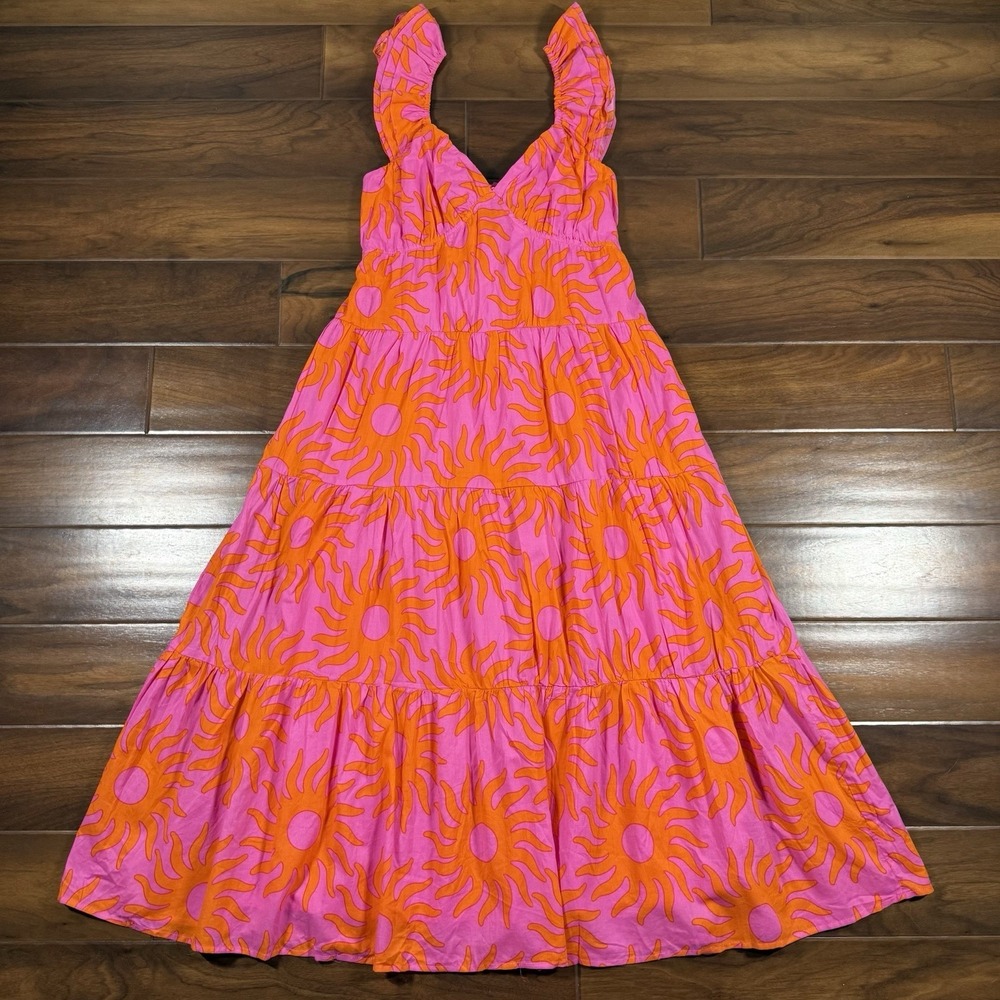 J.Marie Womens Size XL Orange Pink Sun Mara Ruffle Strap‎ Tie Back Midi Dress